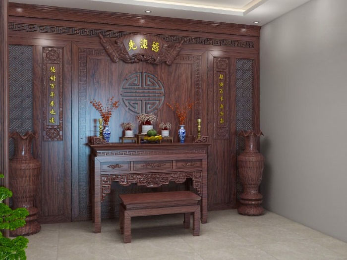 Gian thờ gỗ mang lại cảm giác gần gũi, giúp không gian trở nên tĩnh lặng, an yên và sâu lắng hơn (Nguồn: Internet)